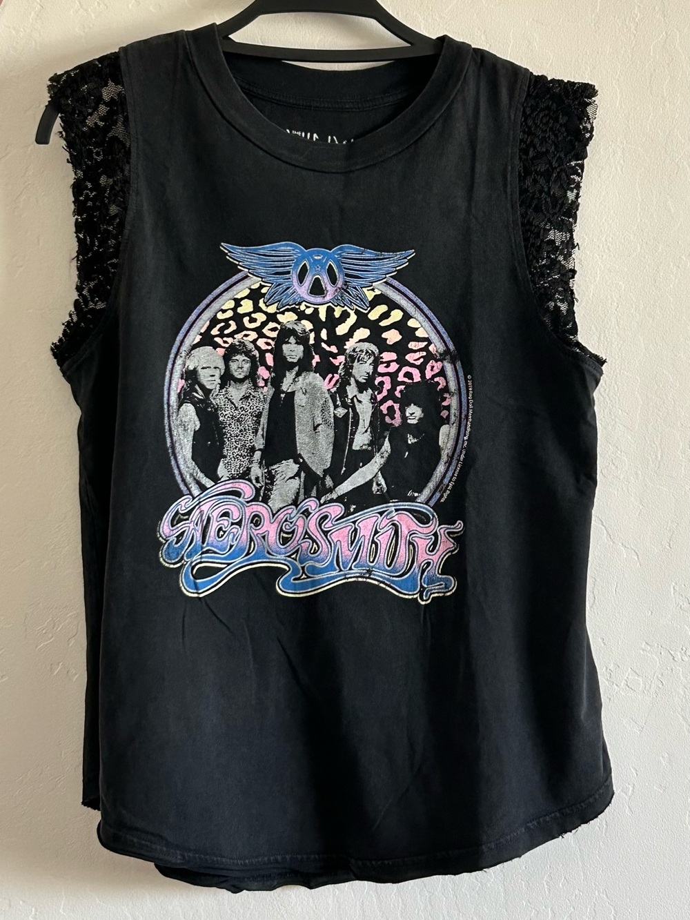 Aerosmith Black Graphic Lace-Sleeve Tank size M